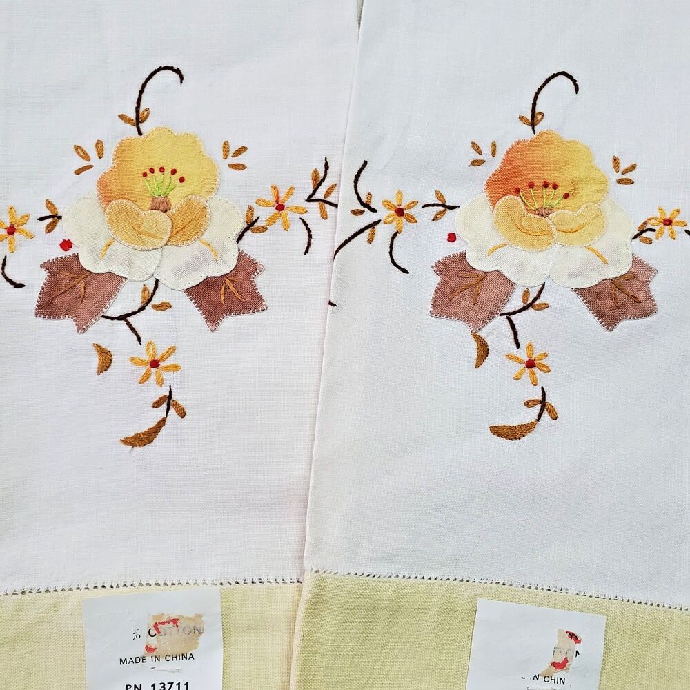 Vintage Guest Towels 2 Hand Tea Appliqué Gold Brown Flower Yellow  12x22" w Tags